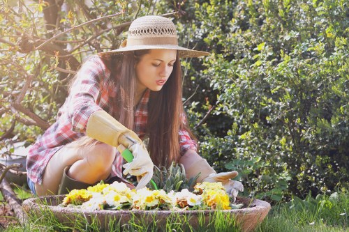 Stump grinding process in a well-maintained garden